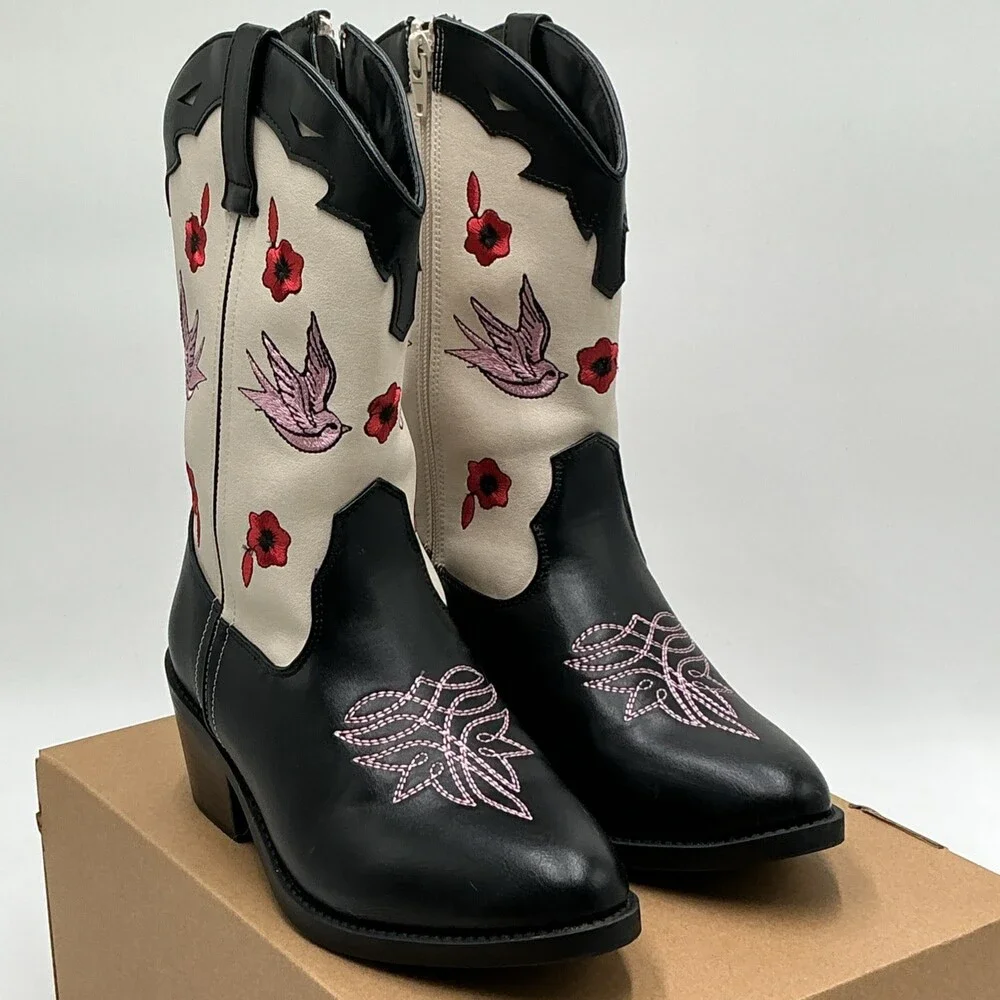 Steve Madden Nectar Girls 4 M Black Embroidered Side Zip Western Boots Ebay5442